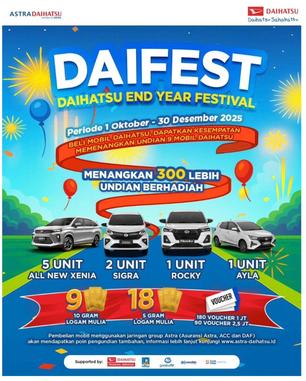 Poster Promo DAIFEST Daihatsu End Year Festival 2025. Periode Oktober-Desember. Undian 9 Mobil Daihatsu (Xenia, Sigra, Rocky, Ayla).