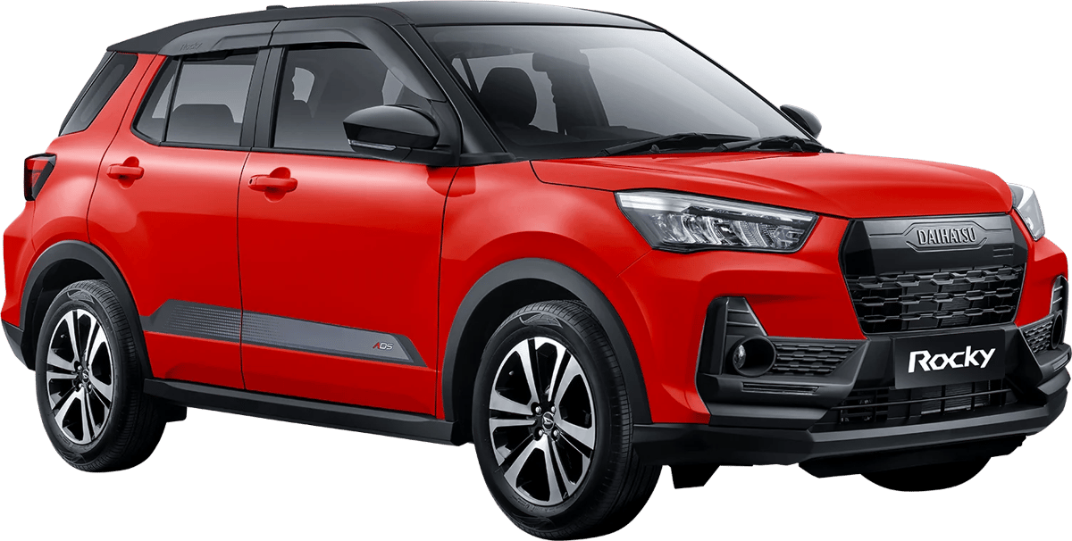 Mobil Compact SUV Daihatsu Rocky 1.0 Turbo ADS berwarna merah dengan atap hitam (two-tone)