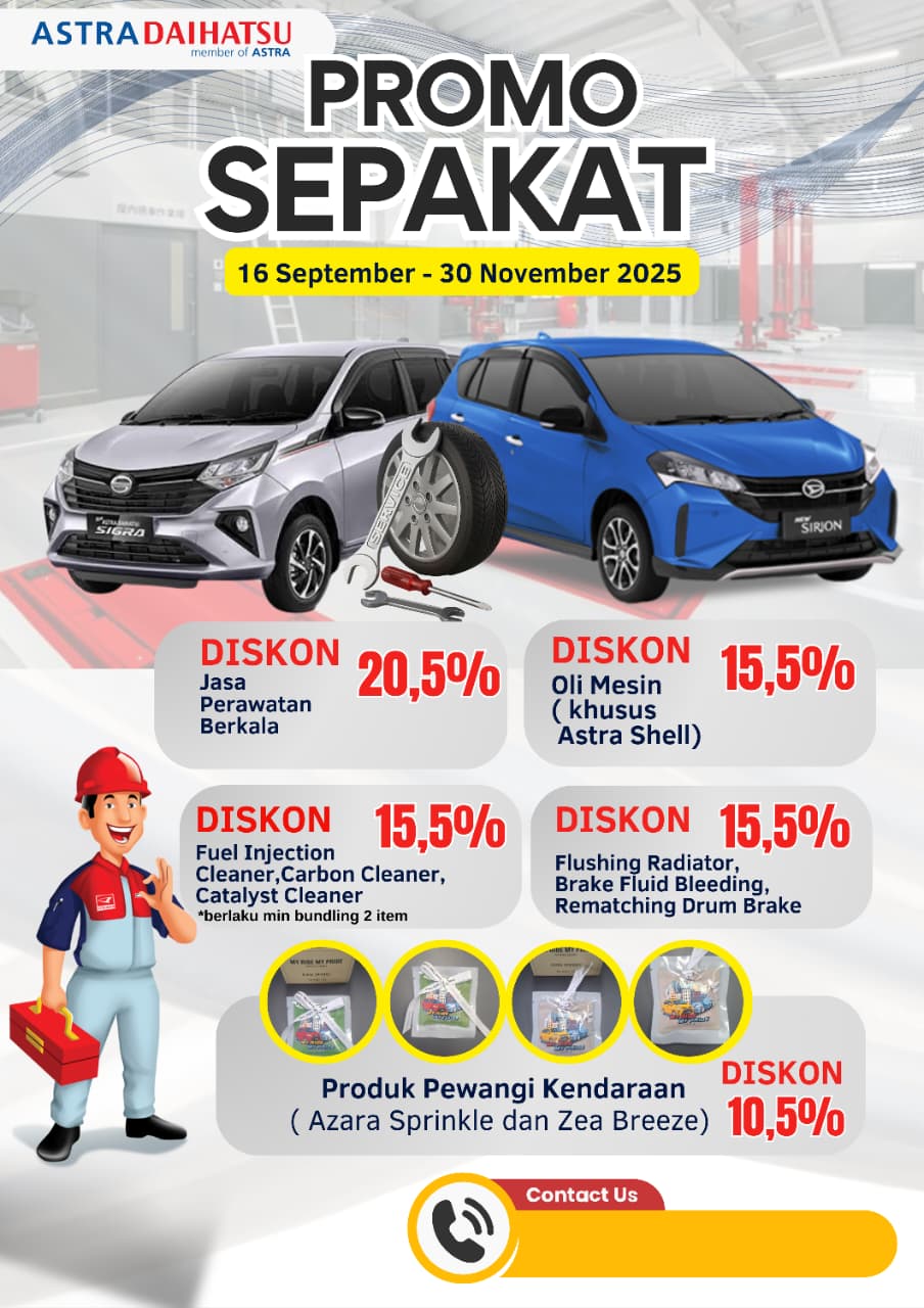 Poster Promo SEPAKAT Astra Daihatsu periode 16 September - 30 November 2025, diskon perawatan berkala, oli mesin, dan chemical.