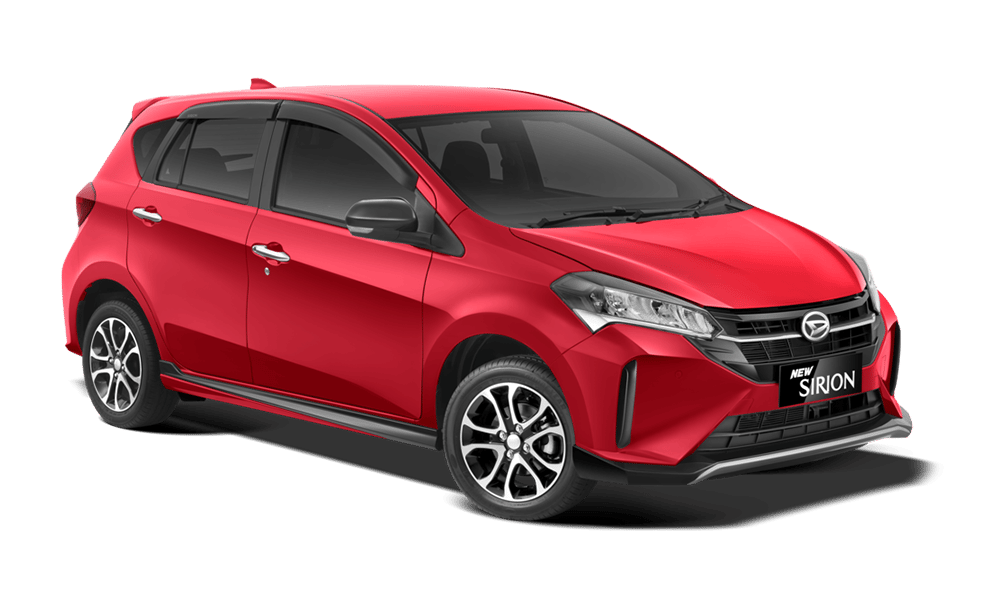 Foto mobil New Sirion merah dengan desain bumper dan grill depan baru yang dilengkapi lampu LED.