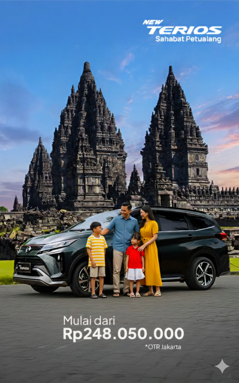 Iklan resmi New Daihatsu Terios dengan slogan "Sahabat Petualang" dan harga mulai dari Rp248.050.000 OTR Jakarta