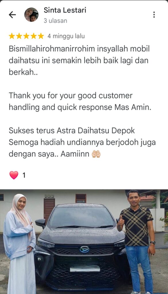 Testimoni bintang 5 Sinta Lestari untuk Amin Sales Astra Daihatsu Depok atas layanan cepat dan penyerahan mobil All New Xenia hitam.