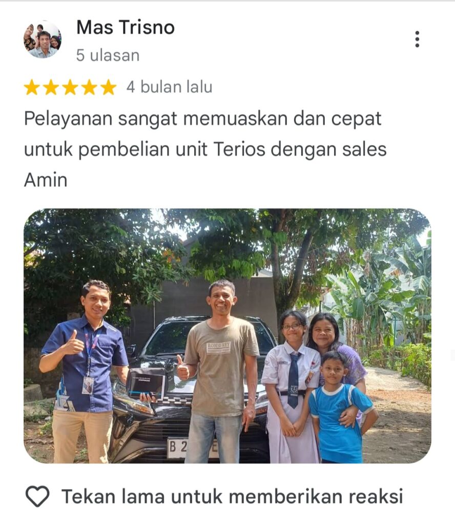 Testimoni Mas Trisno, layanan sangat memuaskan dan cepat dari Sales Amin untuk pembelian unit Daihatsu Terios (mobil hitam).